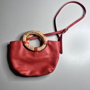 Anthropologie Red Vegan Leather Rattan Ring Handle Crossbody Bag Handbag